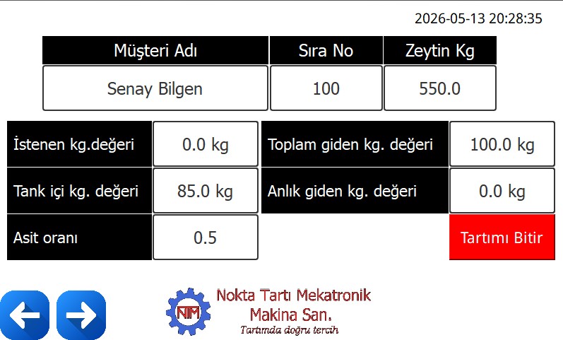 Toplam giden kg tank içi kg asit oranı ve tartımı bitir ekranı